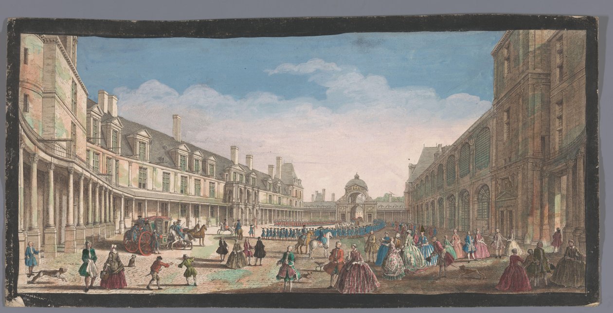 Näkymä Palais de Fontainebleaun Cour Ovalelle Veüe de la Cour Ovale de Fontainebleau (otsikko esineessä) tekijältä Anonymous