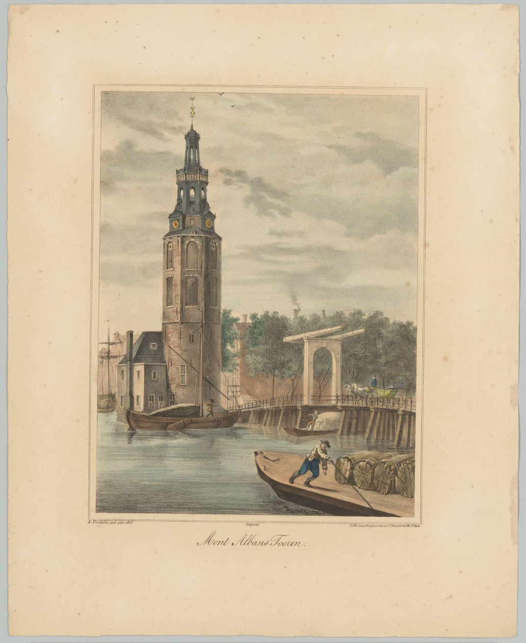 Näkymä Montelbaanstorenille Amsterdamissa Mont Albans Tooren (otsikko esineessä) Amsterdamin kaupungin kuuden päätornin kasvot. 2nd Cahier (sarjan nimi) tekijältä Anonymous
