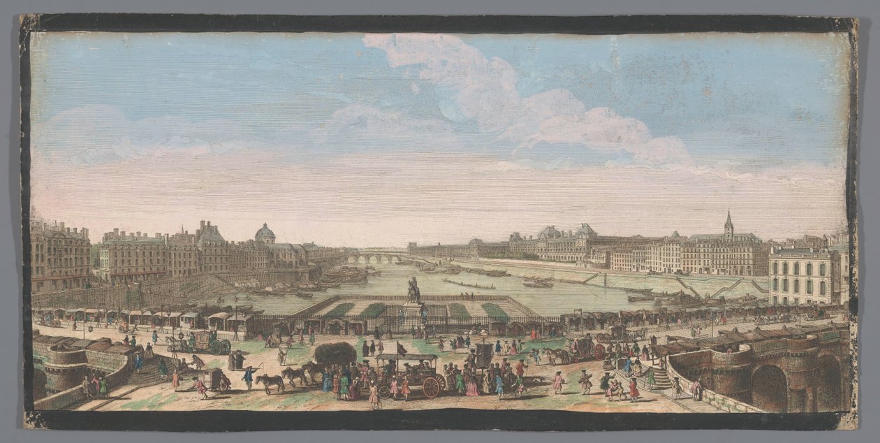 Näkymä Pont Neufille Seine-joen yli Pariisissa, kohti Pont Royalia Autre vue private de Paris Prize du Milieu du Pont Neuf respectant vers le Pont Royal (nimi esineessä) tekijältä Anonymous