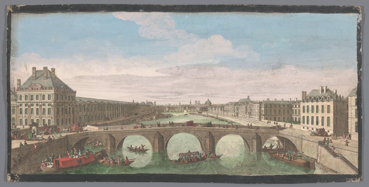 Näkymä Pont Royalista Seine-joen yli Pariisissa, kohti Pont Neufia Vuë Privé de Paris, Prize du Pont Royal respectant vers le Pont Neuf (otsikko esineessä) tekijältä Anonymous