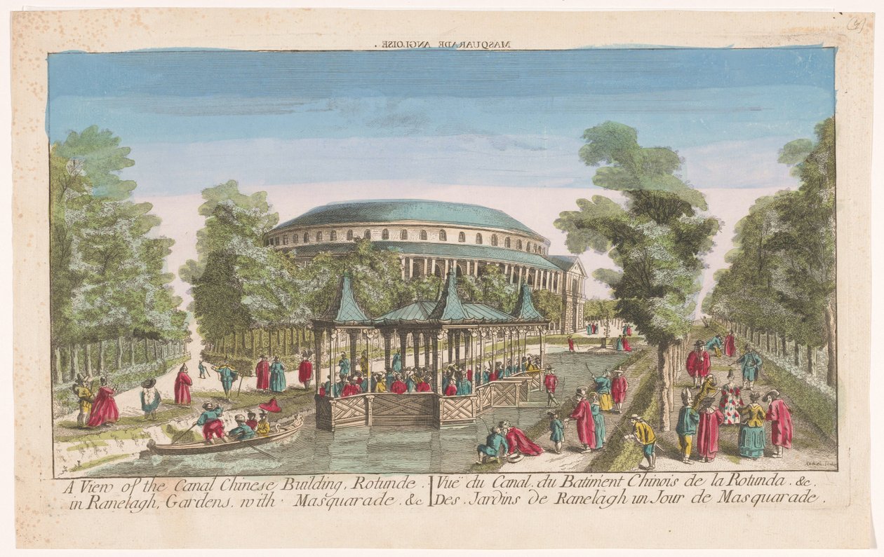 Näkymä Rotundalle ja Kiinan paviljonkiin kanavan varrella Lontoon Ranelagh Gardensissa naamiopallon kanssa Näkymä kiinalaisen kanavan rakennukselle, Rotundelle Ranelaghissa, Gardensissa, naamiaisasuilla. &c (otsikko objektissa) tekijältä Anonymous