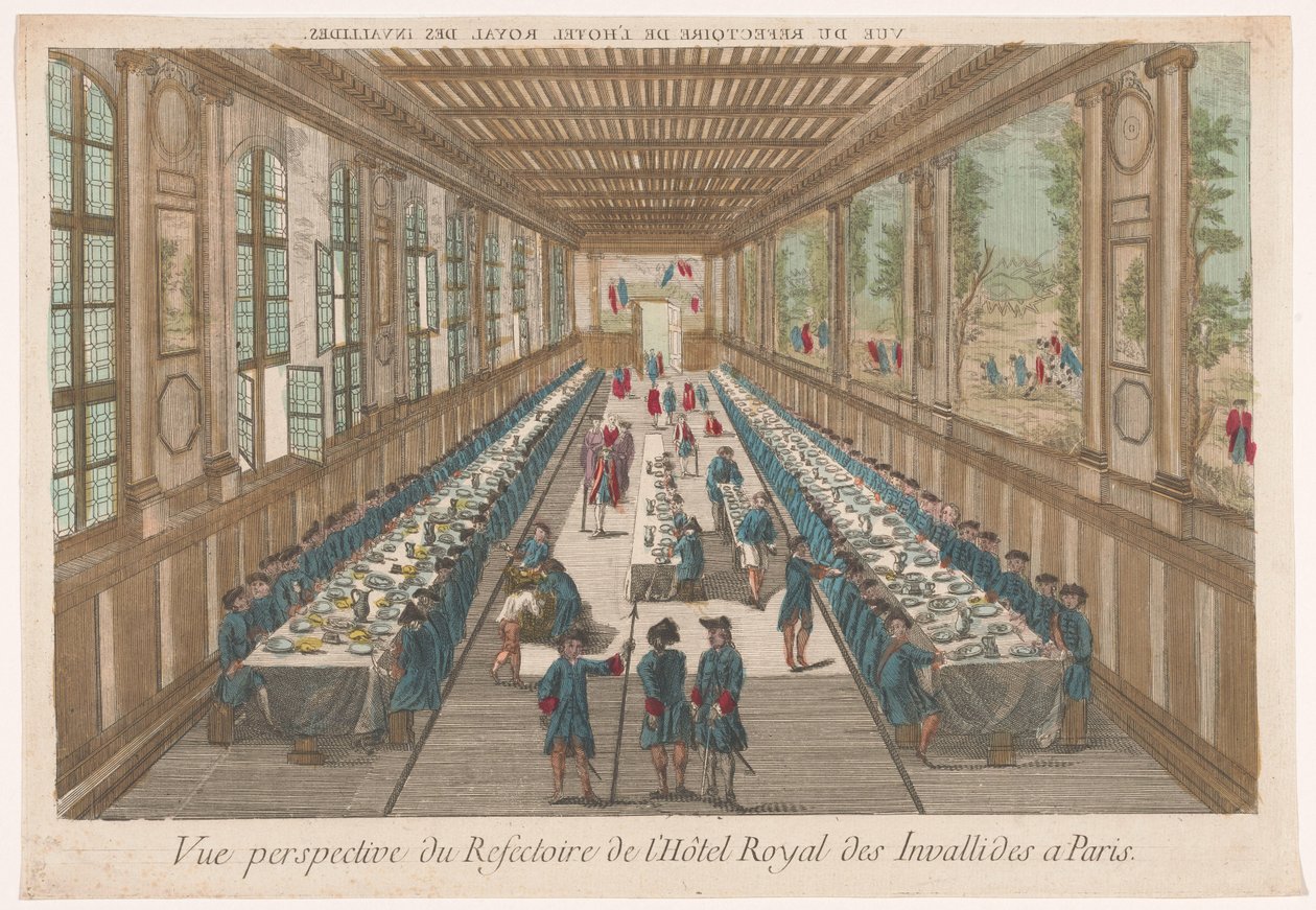 Näkymä Hôtel des Invalidesin ruokasalista Pariisissa aterian kanssa Vue perspektiivi du refectoire de l