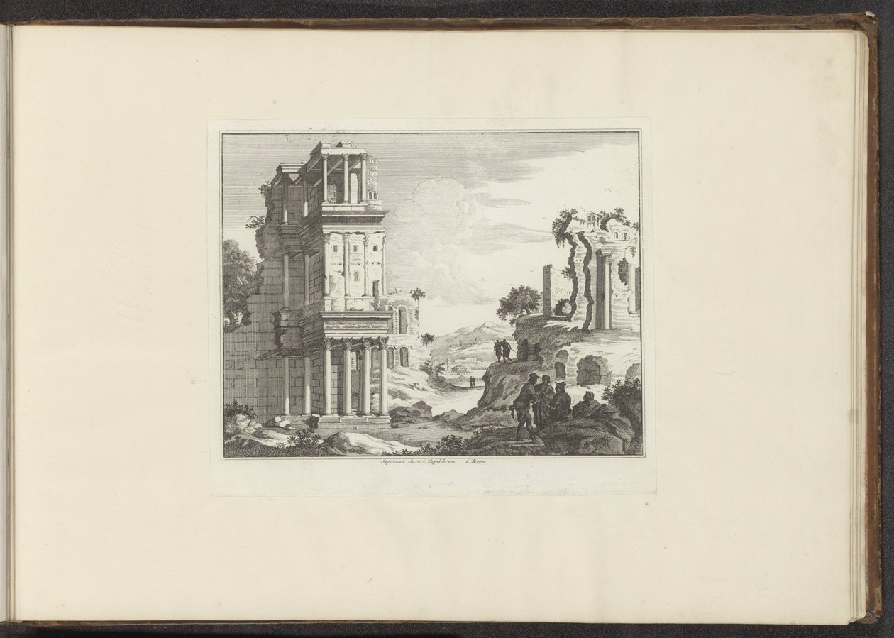 Näkymä Septizoniumin raunioille Roomassa Septizonii Severi Sepulchrum à Roma (otsikko esineessä) Palatsit ja muistomerkit Venetsiassa, Livornossa, Napolissa ja Roomassa (sarjan nimi) tekijältä Anonymous