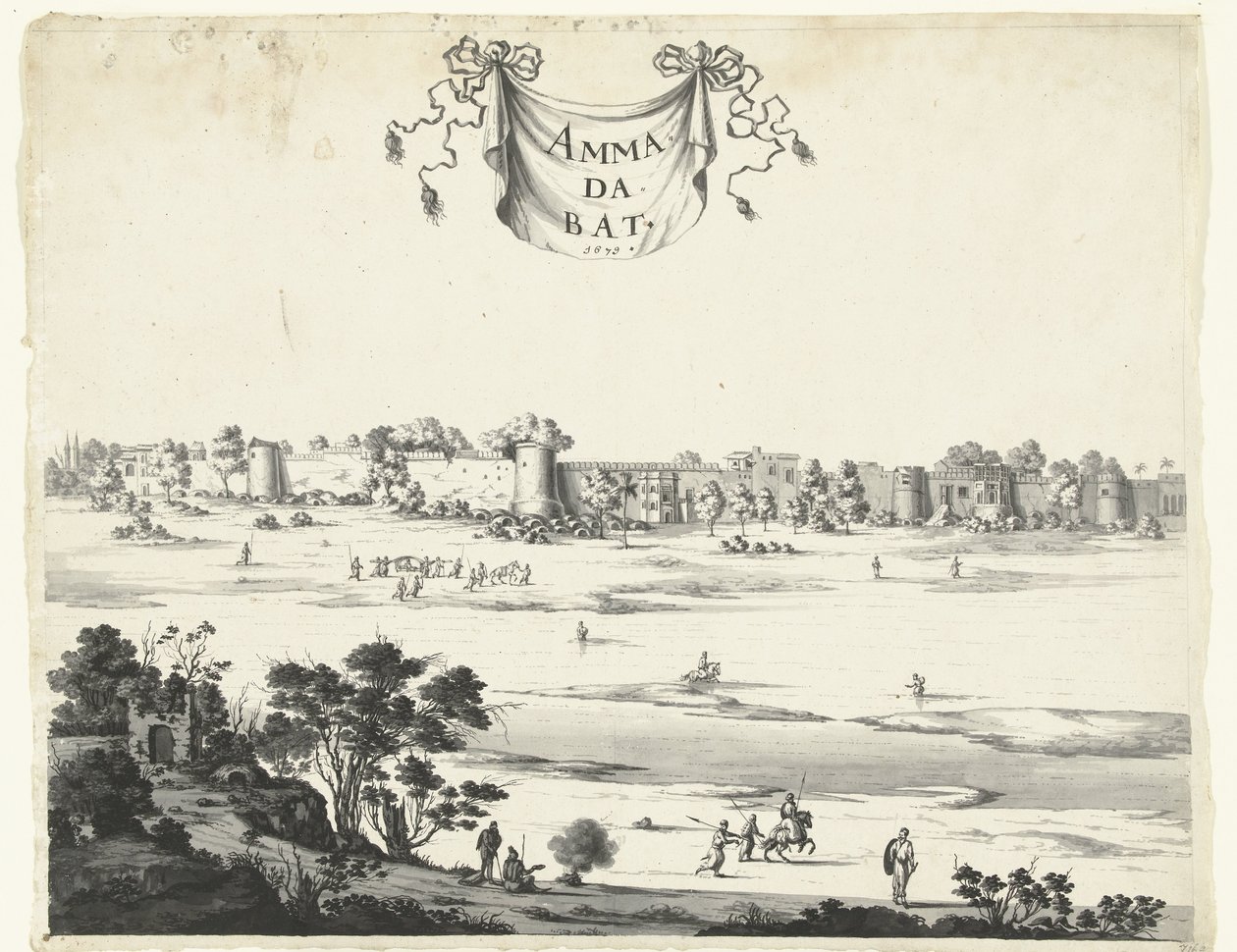 Näkymä Ahmadabadin kaupunkiin Ammadabat (otsikko esineessä) Kasvot Intiassa vuosilta 1678-1679 (sarjan nimi) tekijältä Anonymous