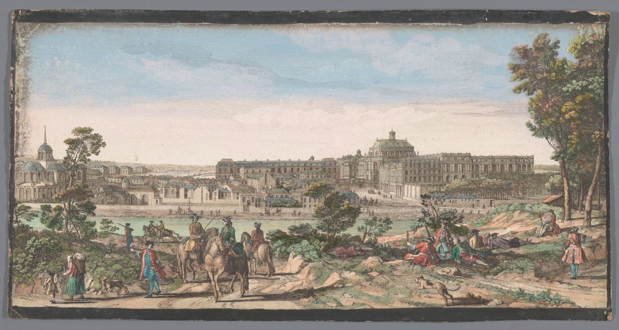 Näkymä kaupunkiin ja Versaillesin palatsille Näkymä linnalle ja osalle Versaillesin kaupunkia (otsikko esineessä) tekijältä Anonymous