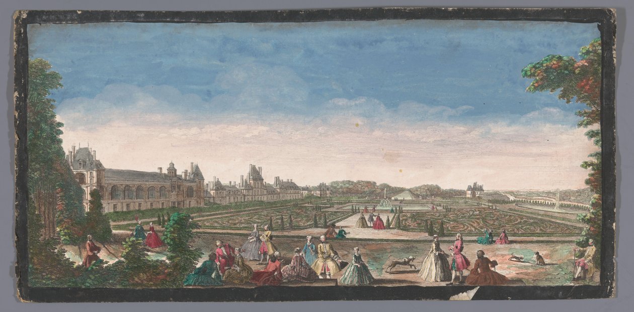 Gezicht op de tuin en het Palace of Fontainebleau Näkymä Château de Fontainebleaun osalle ja parterrelle (otsikko esineessä) tekijältä Anonymous