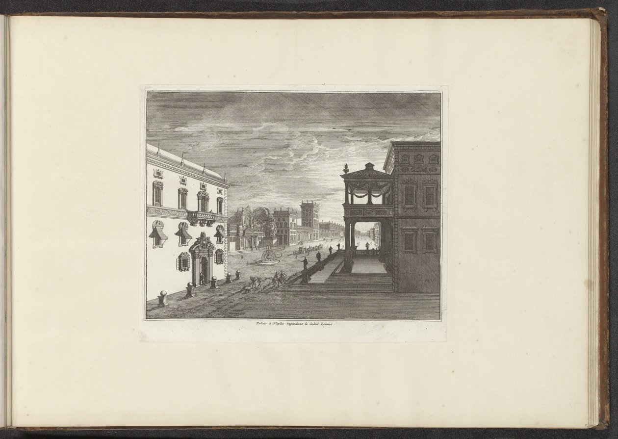 Näkymä Napolin palatsiin auringonlaskun aikaan Palais à Napolin kuvernööri le Soleil Levant (otsikko esineessä) Palatsit ja monumentit Venetsiassa, Livornossa, Napolissa ja Roomassa (sarjan nimi) tekijältä Anonymous