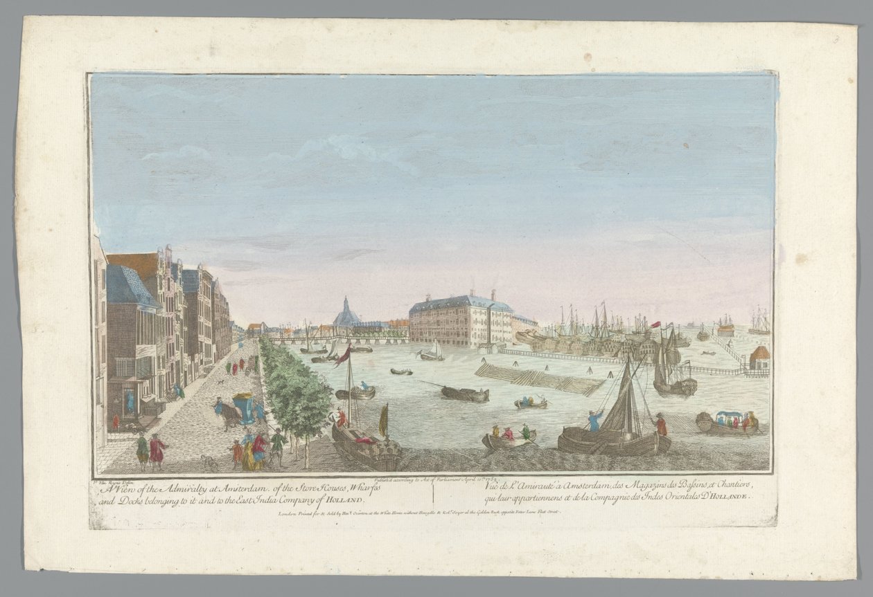 Gezicht op het Admiraliteitsmagazijn te Amsterdam Näkymä Amsterdamin amiraliteetista, sille ja East India Company of Hollandille kuuluvista kauppataloista, laitureista ja telakoista (otsikko esineessä) tekijältä Anonymous