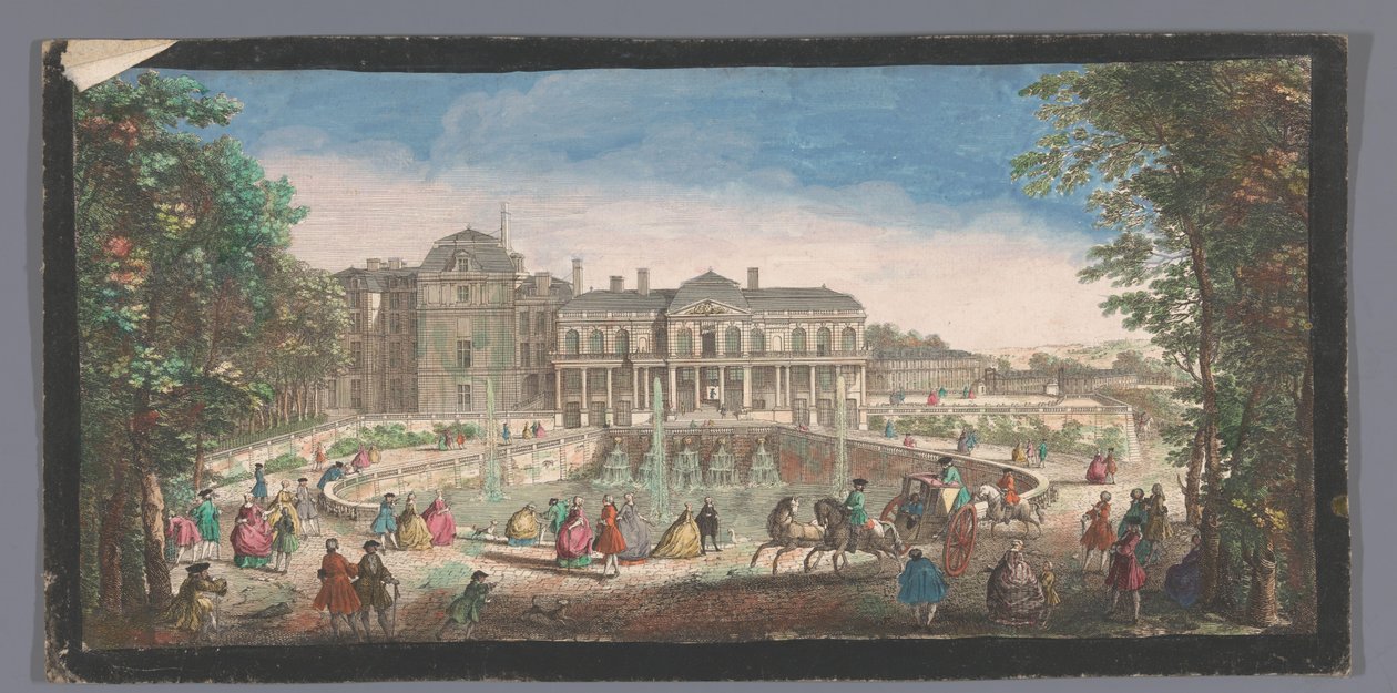 Gezicht op het Château de Saint-Cloud gezien vanaf de Chemin de Versailles Näkymä yhdelle Chateau de St. Cloudin siivelle hevosenkengän tai Chemin de Versaillen puolelta (otsikko esineessä) tekijältä Anonymous