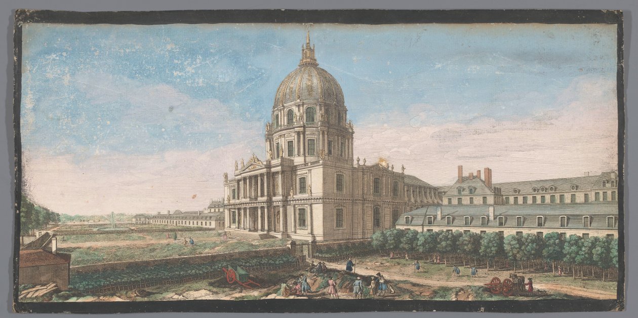 Gezicht op het Hotel des Invalides te Parijs Näkymä kirkon kupolin edestä ja osasta Hôtel Royal des Invalidesin rakennuksia (nimi esineessä) tekijältä Anonymous