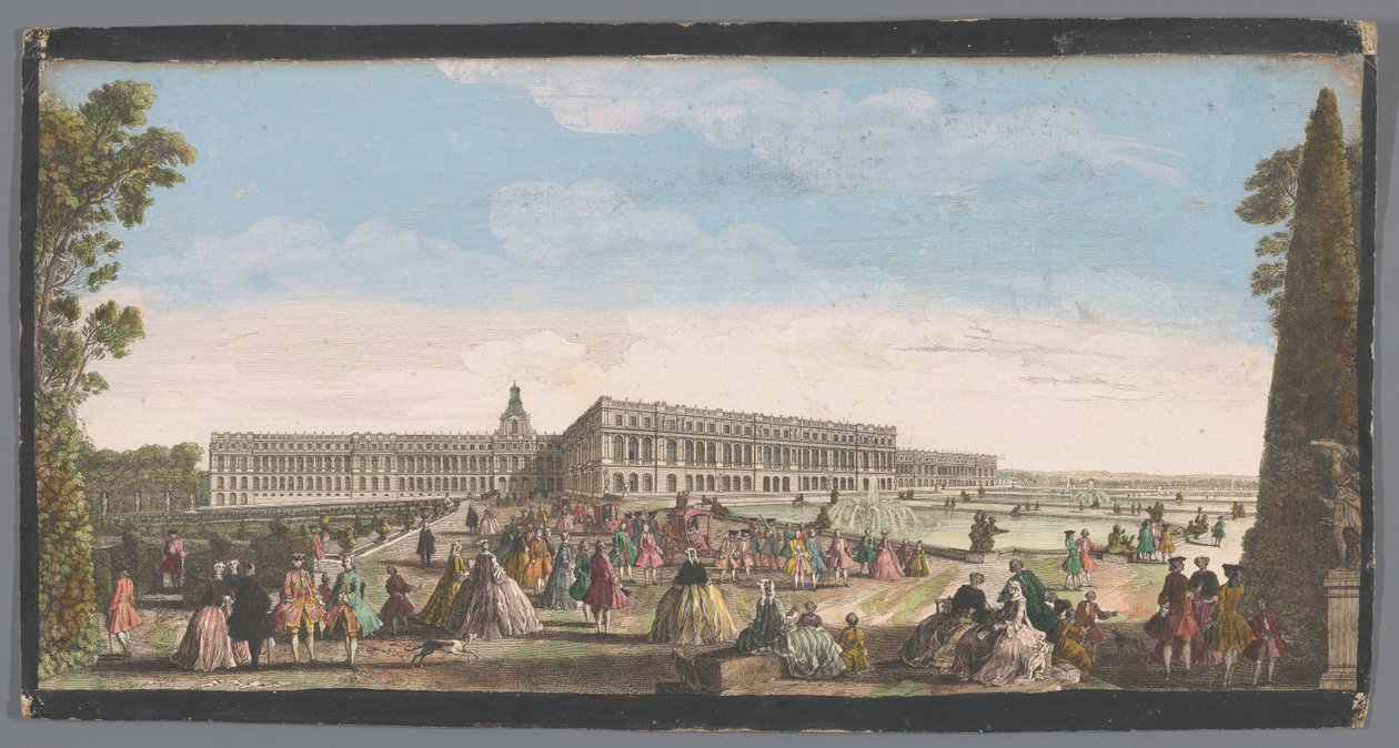 Näkymä Versaillesin palatsille puutarhasta nähtynä Vue du Chateau de Versailles (otsikko esineessä) tekijältä Anonymous