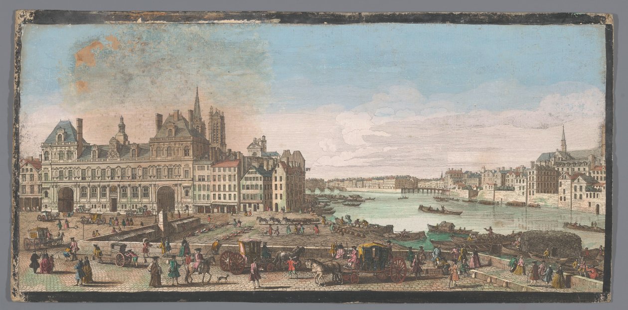 Gezicht op het Stadhuis en de Rivier de Seine te Parijs Näkymä Pariisin kaupungintalolle. Missä näemme kaukaa Pont Marie ja Pont de Bois, joita kutsutaan Pont Rougeksi (otsikko esineessä) tekijältä Anonymous