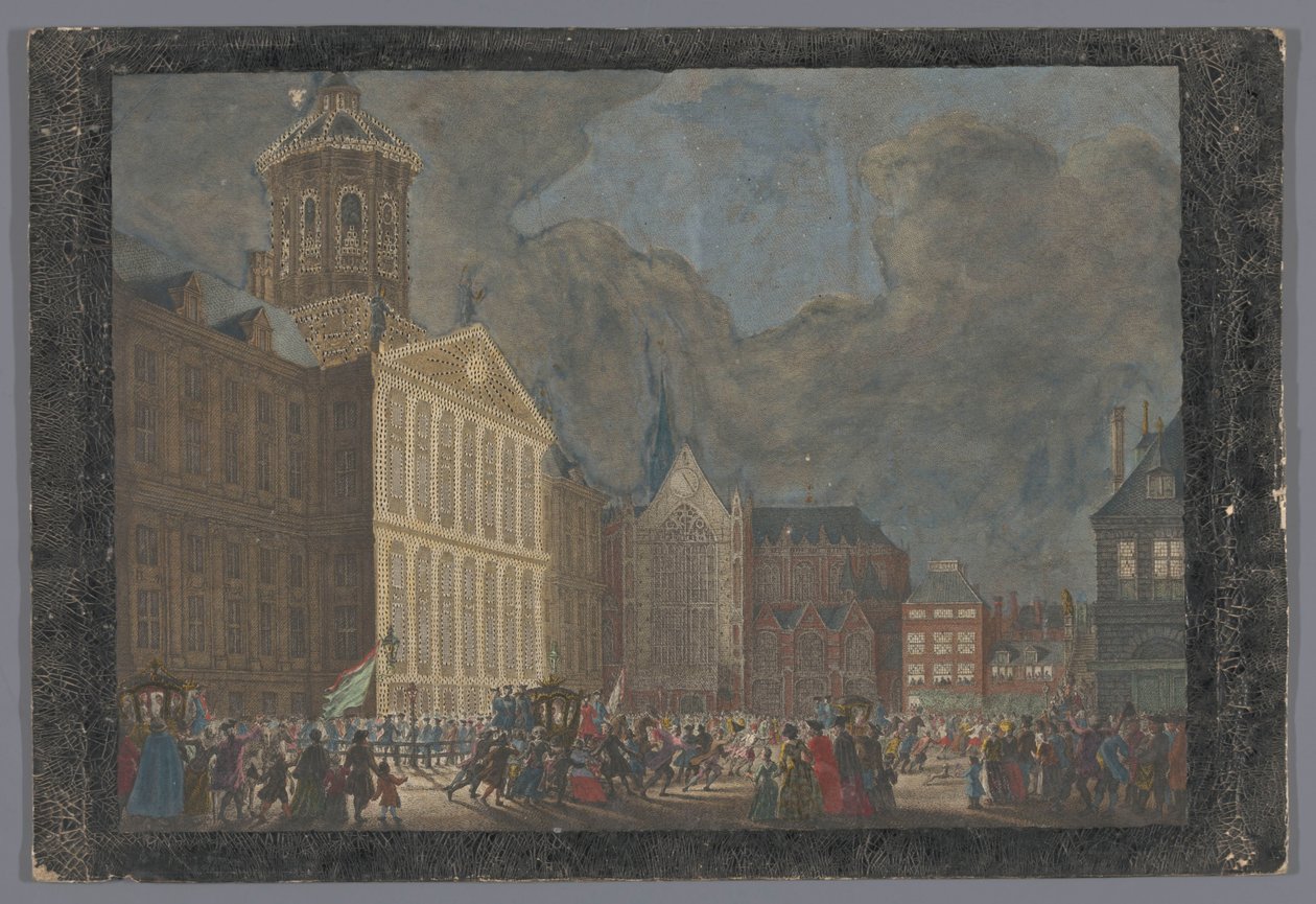 Näkymä Amsterdamin kaupungintalolle William V:n ja Preussin Wilhelminan saapuessa Dam-aukiolle 31. toukokuuta 1768 tekijältä Anonymous
