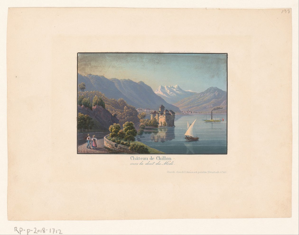 Näkymä Chillon kasteelin linnalle Châteay de Chillon vers la dent du midi (otsikko esineessä) tekijältä Anonymous