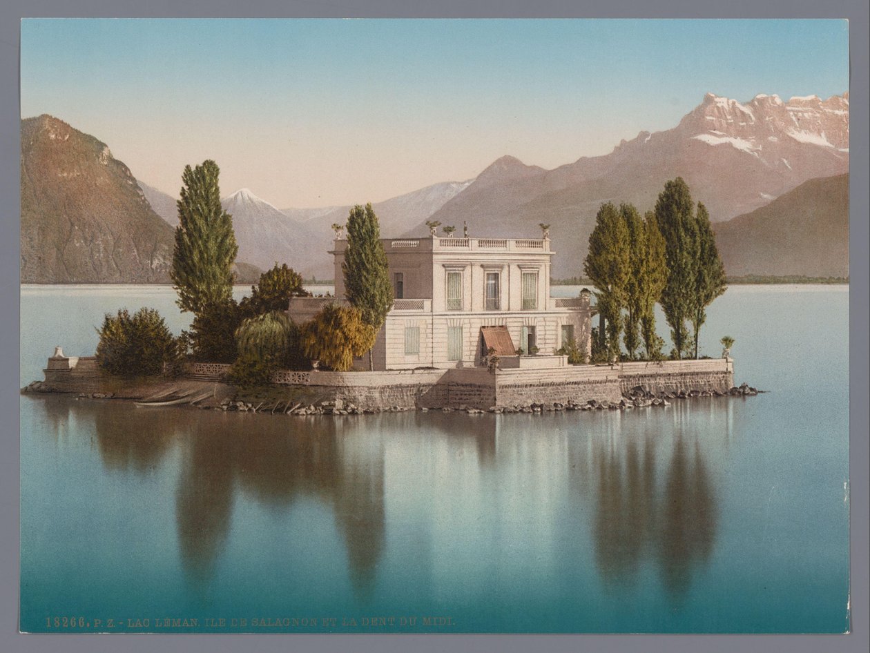 Näkymä Île de Salagnonille Genevejärvellä, taustalla Dents du Midi lac Léman, Ile de Salagnon ja la Dent du Midi (otsikko esineessä) tekijältä Anonymous