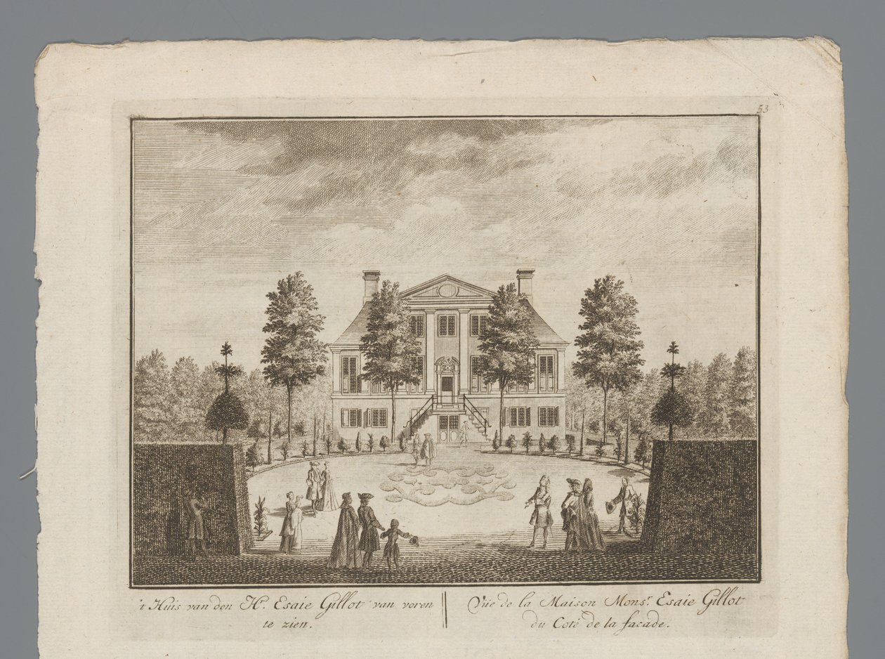 Näkymät Esaie Gillotin kartanolle House of Mr. Esaie Gillot edestä nähtynä / Vüe de la Maison Monsr. Esaie Gillot du Coté de la facade (otsikko esineessä) Sisältä näkymä Hr:n kabinettiin. Esaie Gillot / Vüe de la Maison de M tekijältä Anonymous