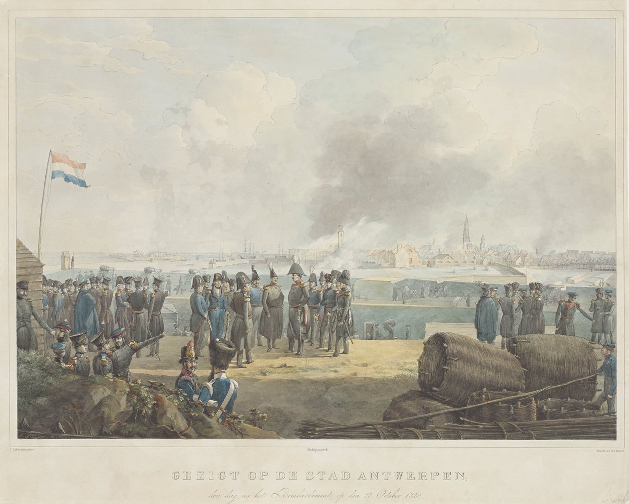 Näkymä Antwerpenin kaupunkiin pommituksen jälkeisenä päivänä, 28. lokakuuta 1830 (otsikko esineessä) tekijältä Anonymous