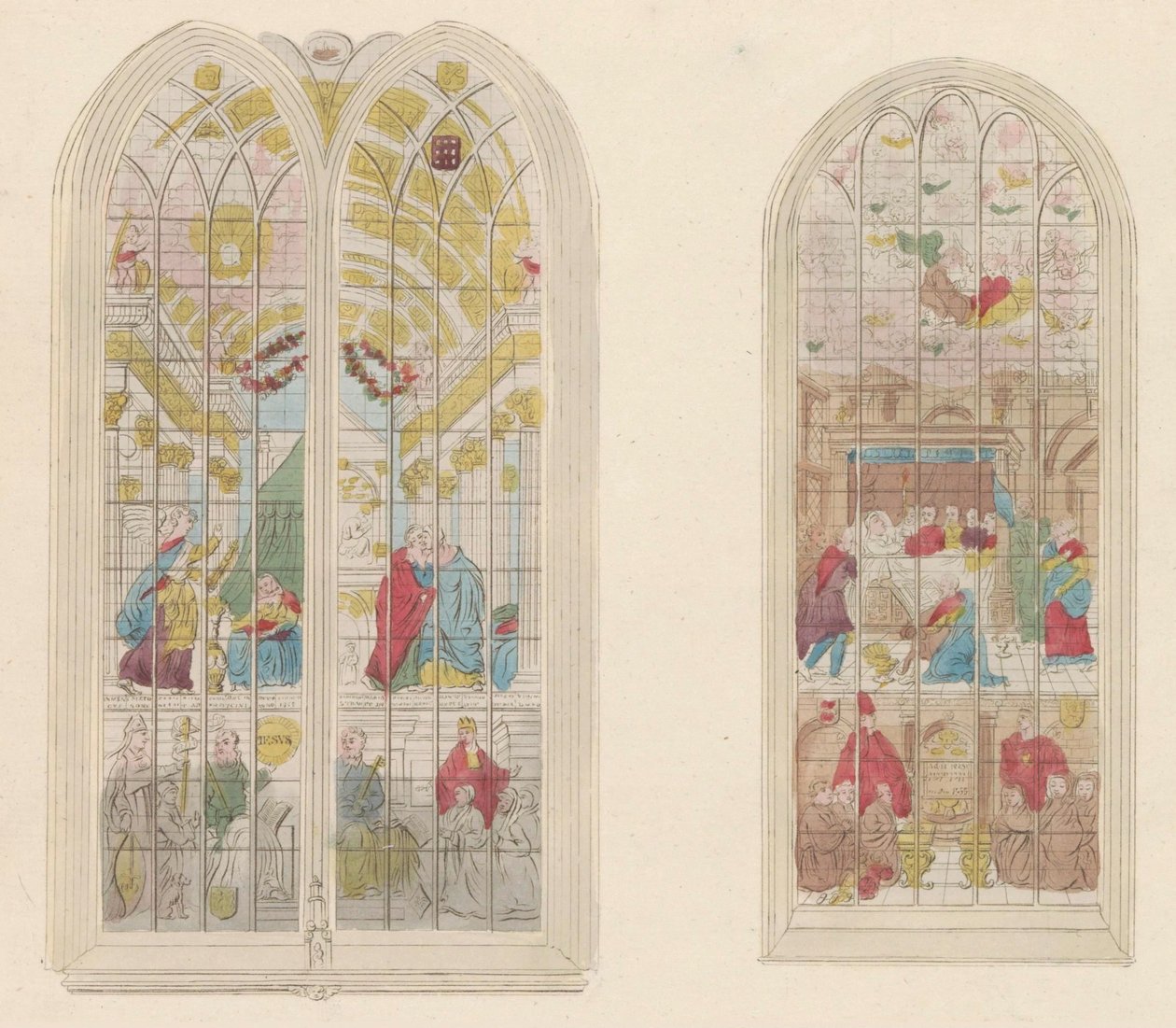 Glasramen in de Oude Kerk te Amsterdam, 1810-1825 Esitys vanhan kirkon kuuluisista maalatuista ikkunoista (otsikko esineessä) tekijältä Anonymous