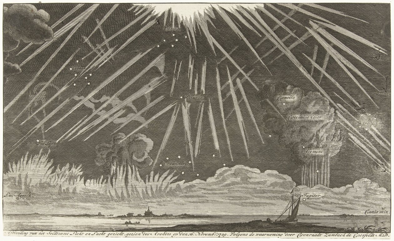 Taivaalliset ilmiöt, 1729 Kuva Seldtzamen valo- ja taivasnäkymästä, nähty illalla 16. marraskuuta: 1729. Coenraadt Zumbach de Croesfeldt M.D. (otsikko esineessä) tekijältä Anonymous