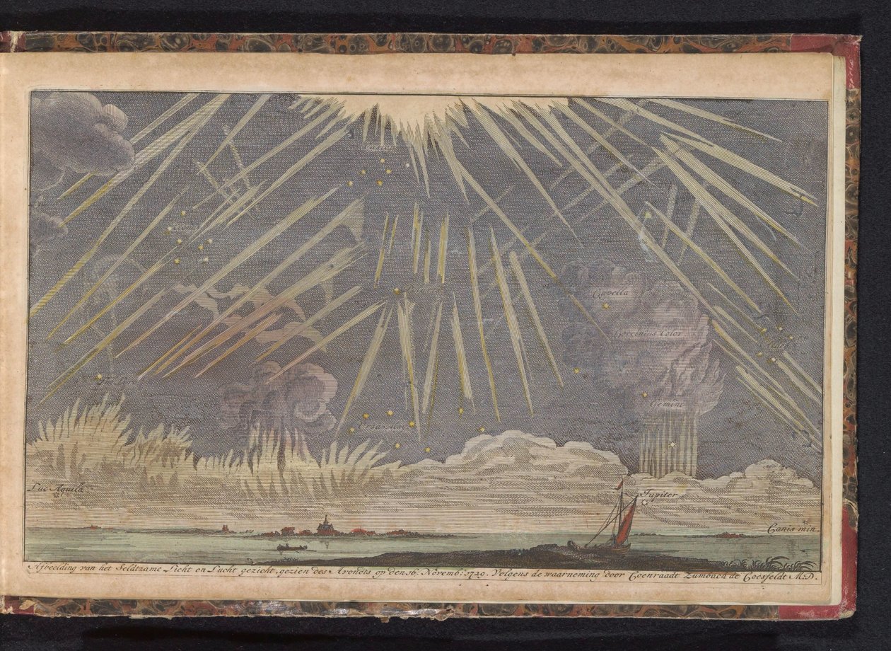 Taivaalliset ilmiöt, 1729 Kuva Seldtzamen valo- ja taivasnäkymästä, nähty illalla 16. marraskuuta: 1729. Coenraadt Zumbach de Croesfeldt M.D. (otsikko esineessä) tekijältä Anonymous