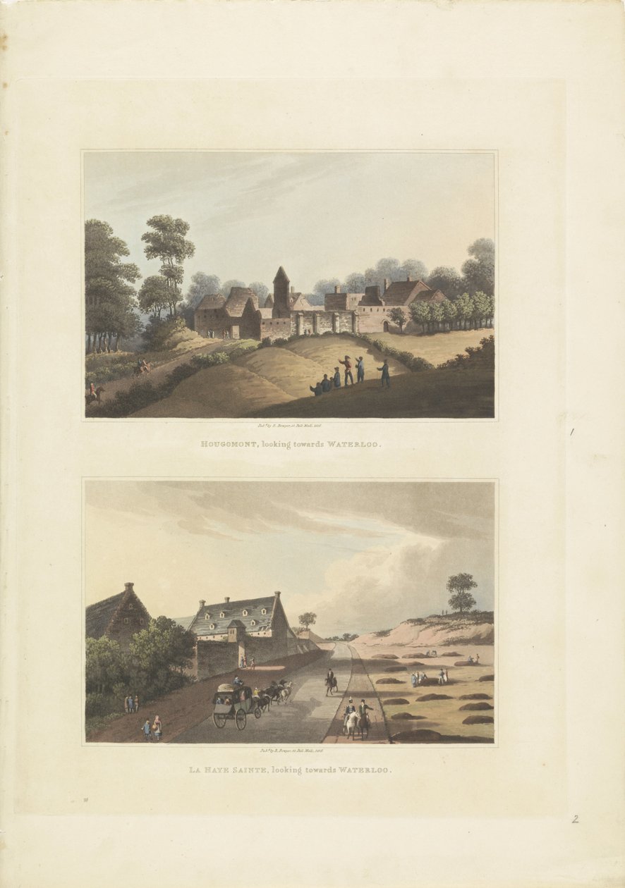 Hougoumont ja La Haye-Sainte Hougomont, katsoo kohti Waterloota / La Haye Sainteä, katsoo kohti Waterloota (otsikko esineessä) tekijältä Anonymous