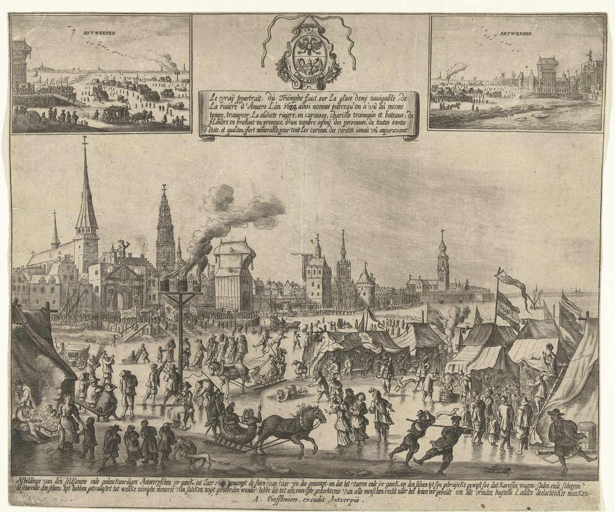 Jääviihdettä jäätyneellä Scheldtillä Antwerpenissä, 1684 Le vray poutraict, du Triomphe faict sur la glace demy navigable, de la riviere d