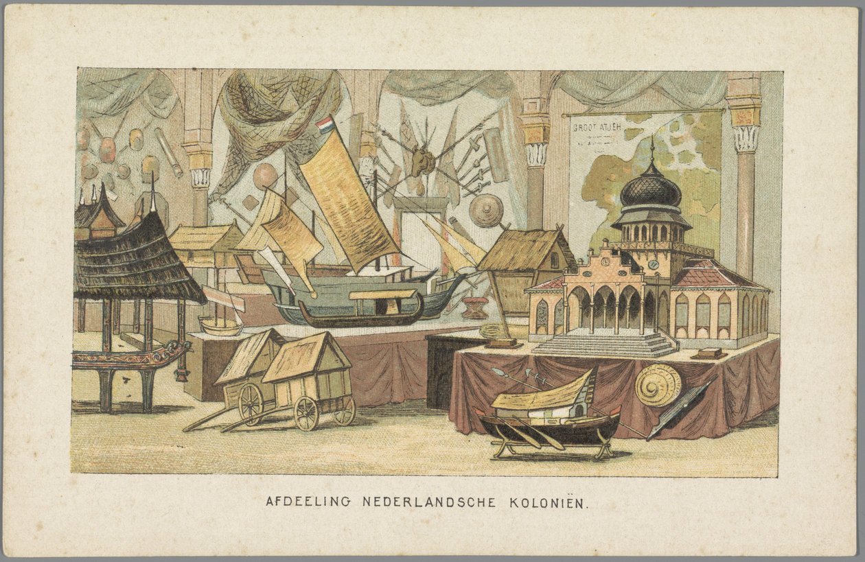 Hollannin siirtokuntien rakennuksessa Amsterdamin maailmannäyttelyssä 1883 Hollannin siirtokuntien osasto (otsikko esineessä) Muisto Amsterdamista vuonna 1883 (sarjan nimi esineessä) tekijältä Anonymous