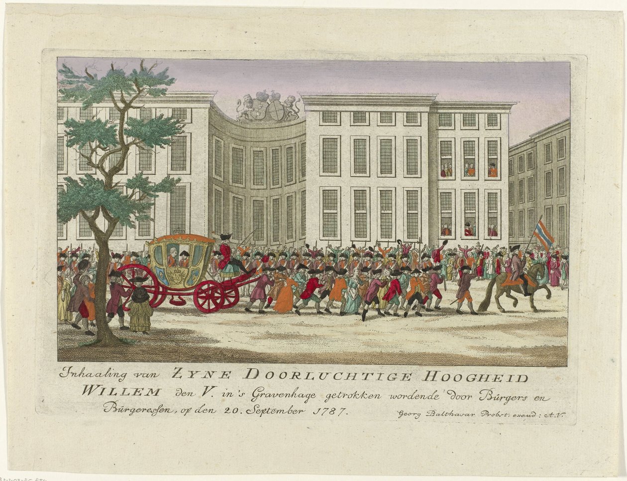 Orangen prinssin ohittaminen, 1787 Burgersin ja Burgeressenin piirtämän Zyne Serene Highness Willem den V.:n ohittaminen Haagissa 20. syyskuuta 1787 (otsikko esineessä) Värilliset saksalaiset printit tapahtumista tekijältä Anonymous