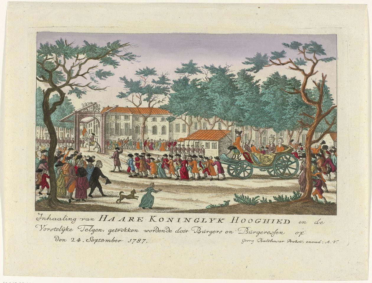 Oranssin prinsessan ja lasten ohittaminen, 1787 Haare Koninglyk Hooghiedin ja Royal Scionsin ohittaminen, Burgersin ja Burgeressenin piirtämä 24. syyskuuta 1787 (otsikko esineessä) Värilliset saksalaiset printit tapahtumasta tekijältä Anonymous