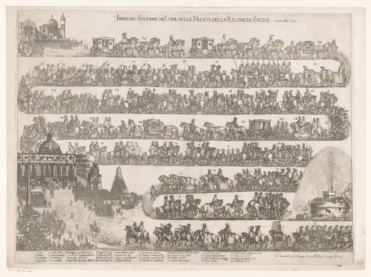 Ruotsin kuningatar Christinan saapuminen Roomaan Ingresso Solenne in Roma della Maestra della Regina di Svezia ai 23 xbre 1655 (otsikko esineessä) tekijältä Anonymous