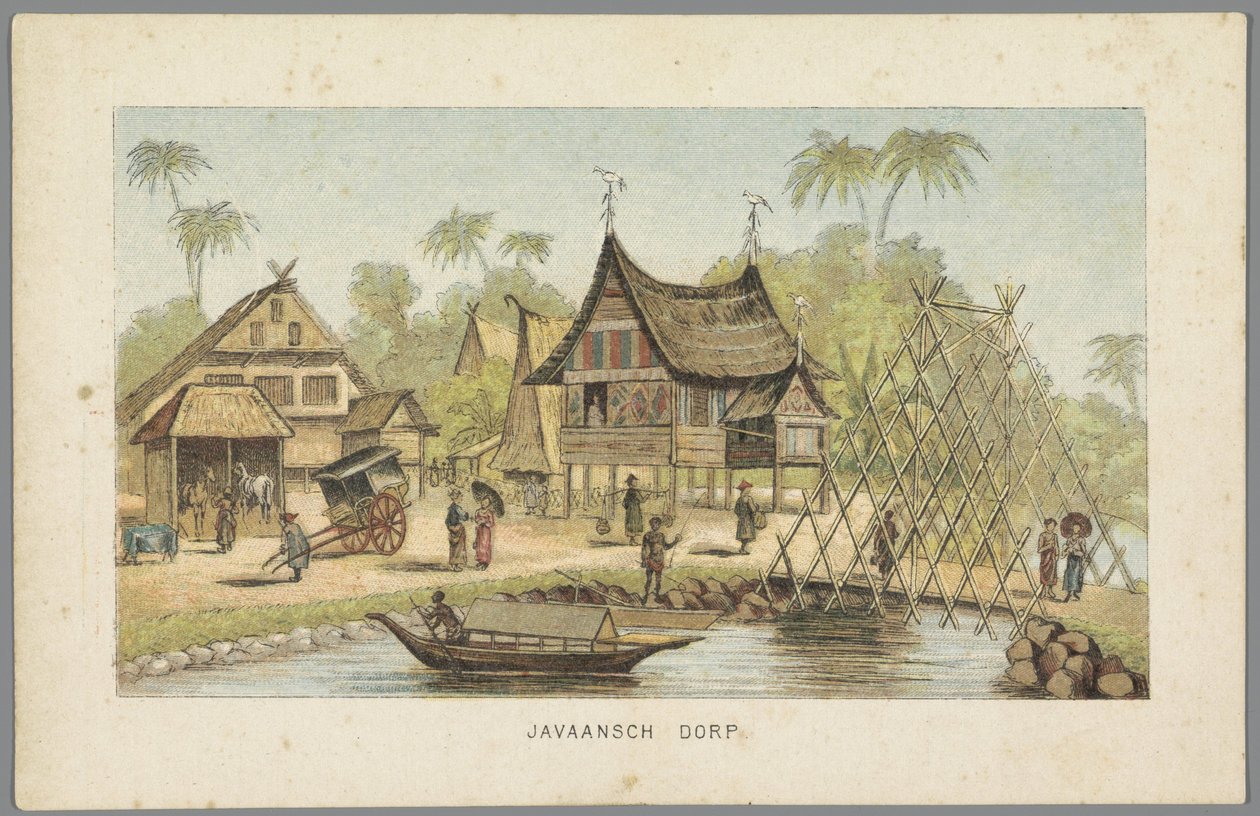 Jaavalainen kylä Amsterdamin maailmannäyttelyssä, 1883 Javanese Village (otsikko esineessä) Muisto Amsterdamista vuonna 1883 (sarjan nimi esineessä) tekijältä Anonymous