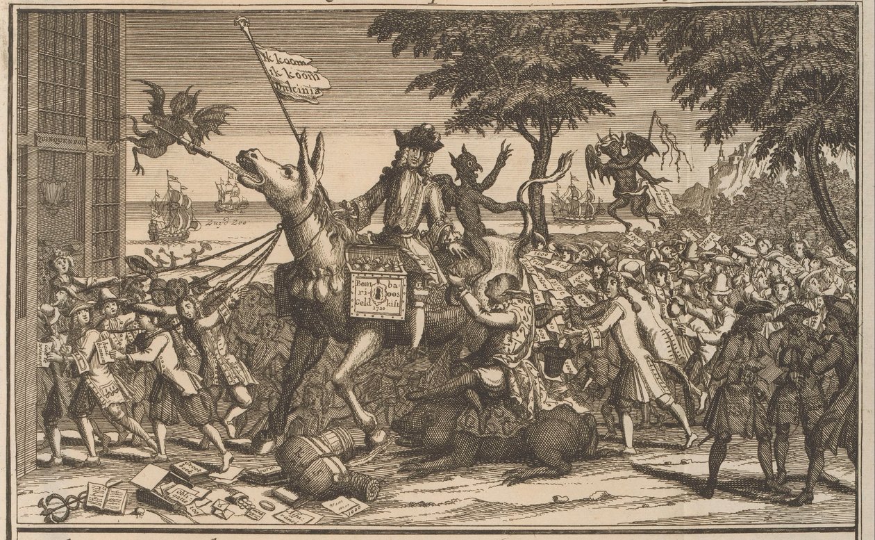 John Law Sancho Panzan aasista, 1720 Law, kuten toinen Don-Quichot, pilkkaa Sanches Graauwtjea (otsikko esineessä) The Great Scene of Folly (sarjan nimi) tekijältä Anonymous