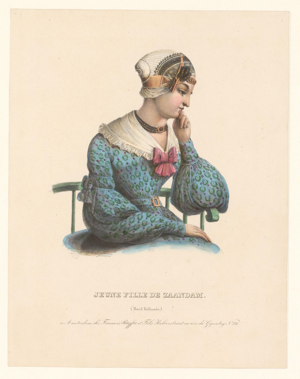 Nuori nainen perinteisissä pukuissa Zaandamilta Jeune fille de Zaandam (Nord Hollande) (otsikko esineessä) tekijältä Anonymous