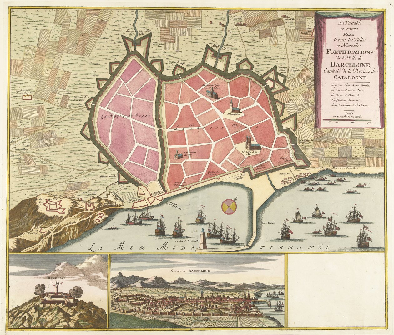 Kaart van Barcelona, ​​n. 1706 Katalonian provinssin pääkaupungin Barcelonan kaupungin kaikkien vanhojen ja uusien linnoitusten todellinen ja tarkka suunnitelma (otsikko esineessä) tekijältä Anonymous