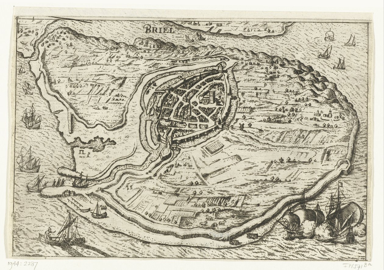 Voornen saaren kartta ja Briellen kartta, 1572 Briel (otsikko esineessä) tekijältä Anonymous