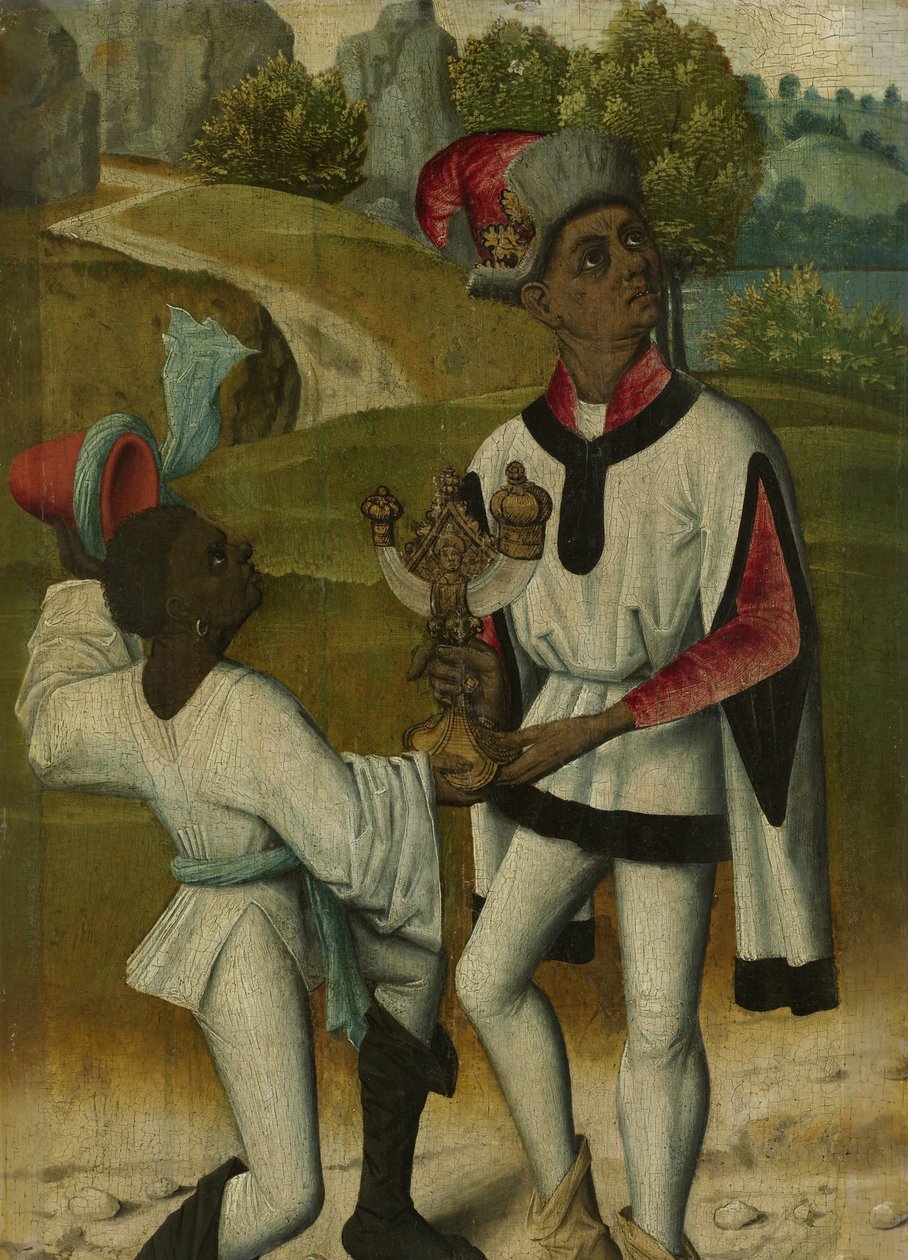 Kuningas Balthasar, yksi kolmesta tiedosta ja palvelija, katkelma teoksesta Adoration of the Magi tekijältä Anonymous