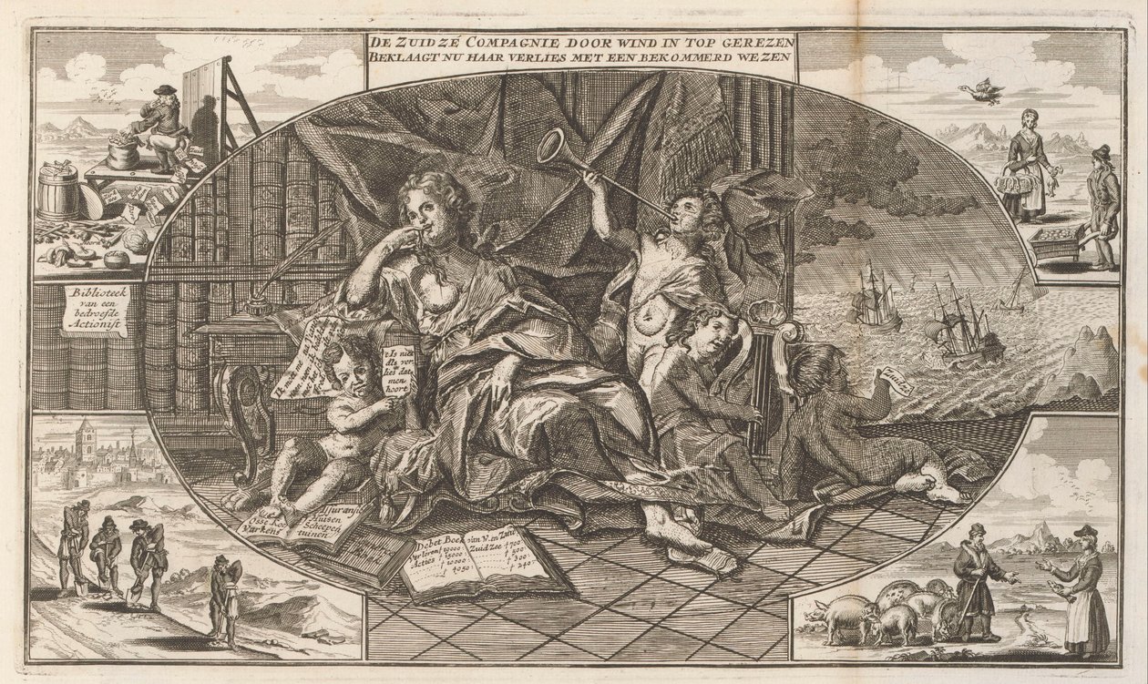 South Seas Companyn valitus, 1720 Zuidzé Company nousee huipulle tuulen vaikutuksesta / Nyt valittelee menettämistään huolestuneen olennon kanssa (otsikko esineessä) The Great Scene of Folly (sarjan nimi) tekijältä Anonymous