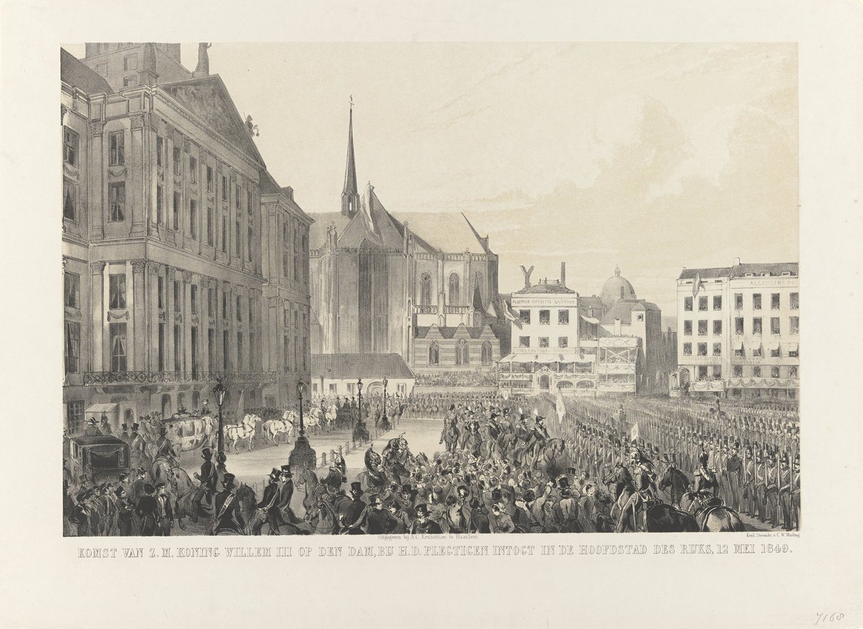 H.M. King Willem III:n saapuminen Damille H.D. astua juhlallisesti valtakunnan pääkaupunkiin 12. toukokuuta 1849 (nimi esineessä) tekijältä Anonymous
