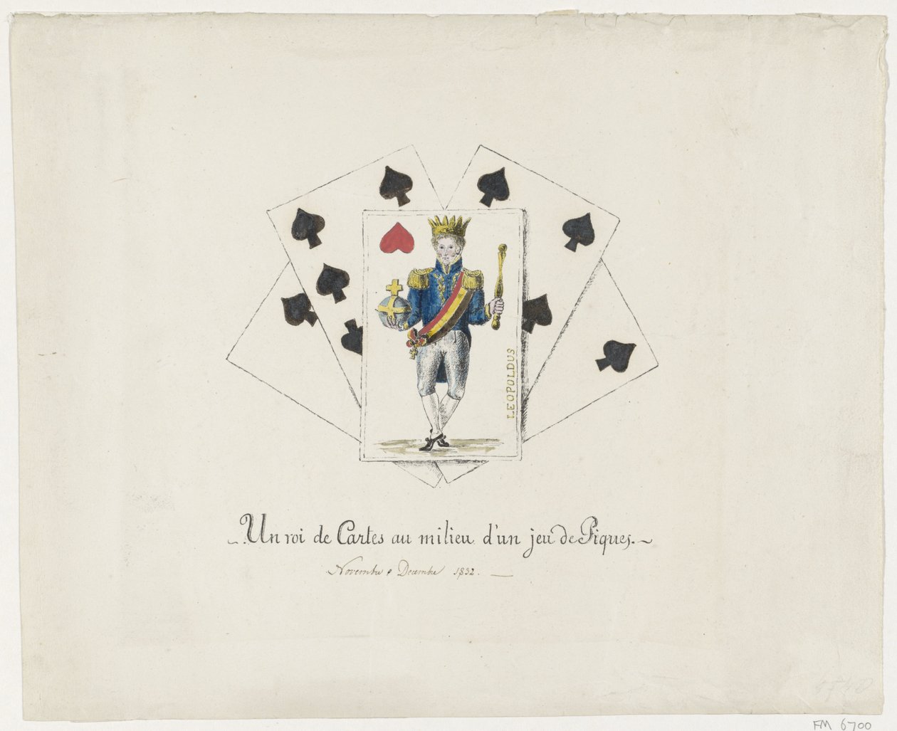Koning Leopold I als de hartenkoning, 1831-1832 Korttikuningas keskellä patapakkaa (otsikko esineessä) tekijältä Anonymous