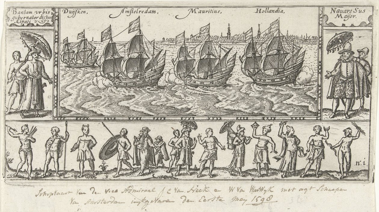 Kopio alkuperäisen otsikkopainatuksen jälkeen Houtmans Journael vande reyse der Hollandtsche ships ghedaen in Oostelijk, 1598 tekijältä Anonymous