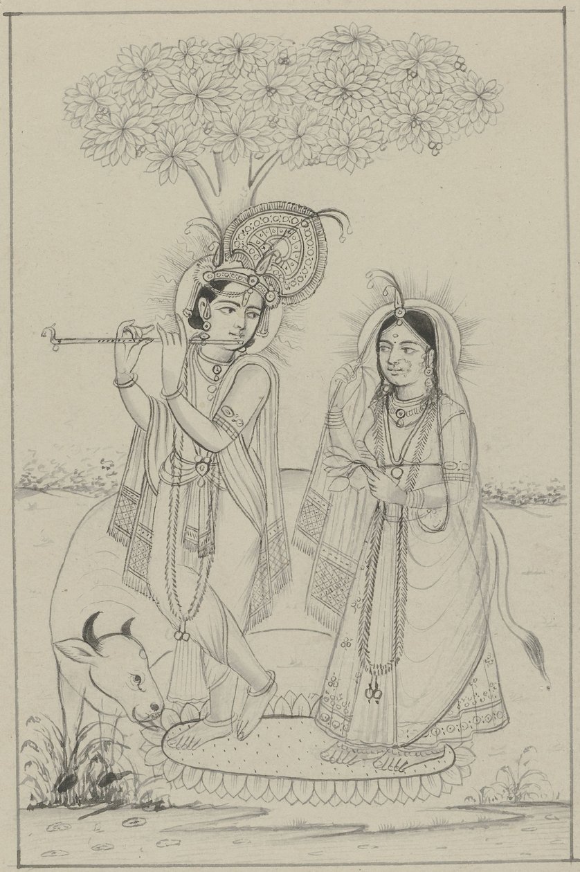 Krishna soittaa huilua ja Radha tekijältä Anonymous