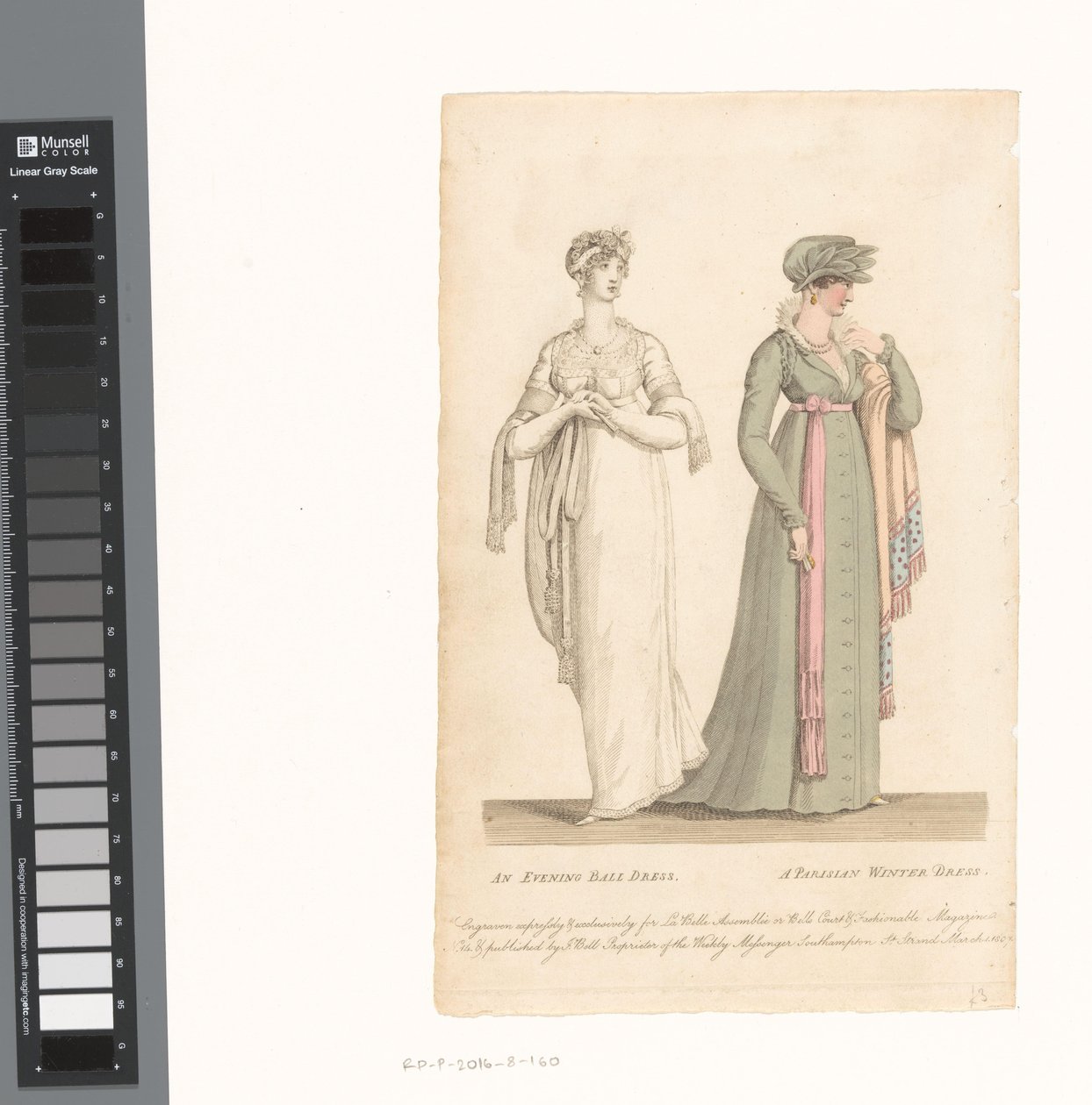 La Belle Assemblée, 1. maaliskuuta 1807, nro 14: Iltajuhlamekko / Pariisilainen talvimekko tekijältä Anonymous