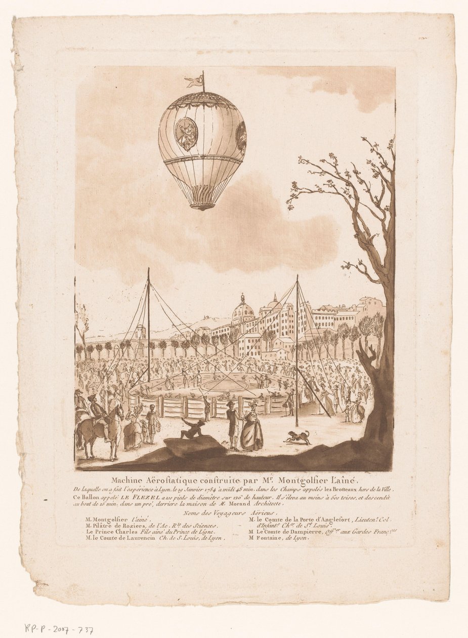Luchtballon, Le Flezel, van Joseph-Michael Montgolfier vanhin buiten Lyon Montgolfier vanhemman rakentama aerostaattinen kone (nimi esineessä) tekijältä Anonymous