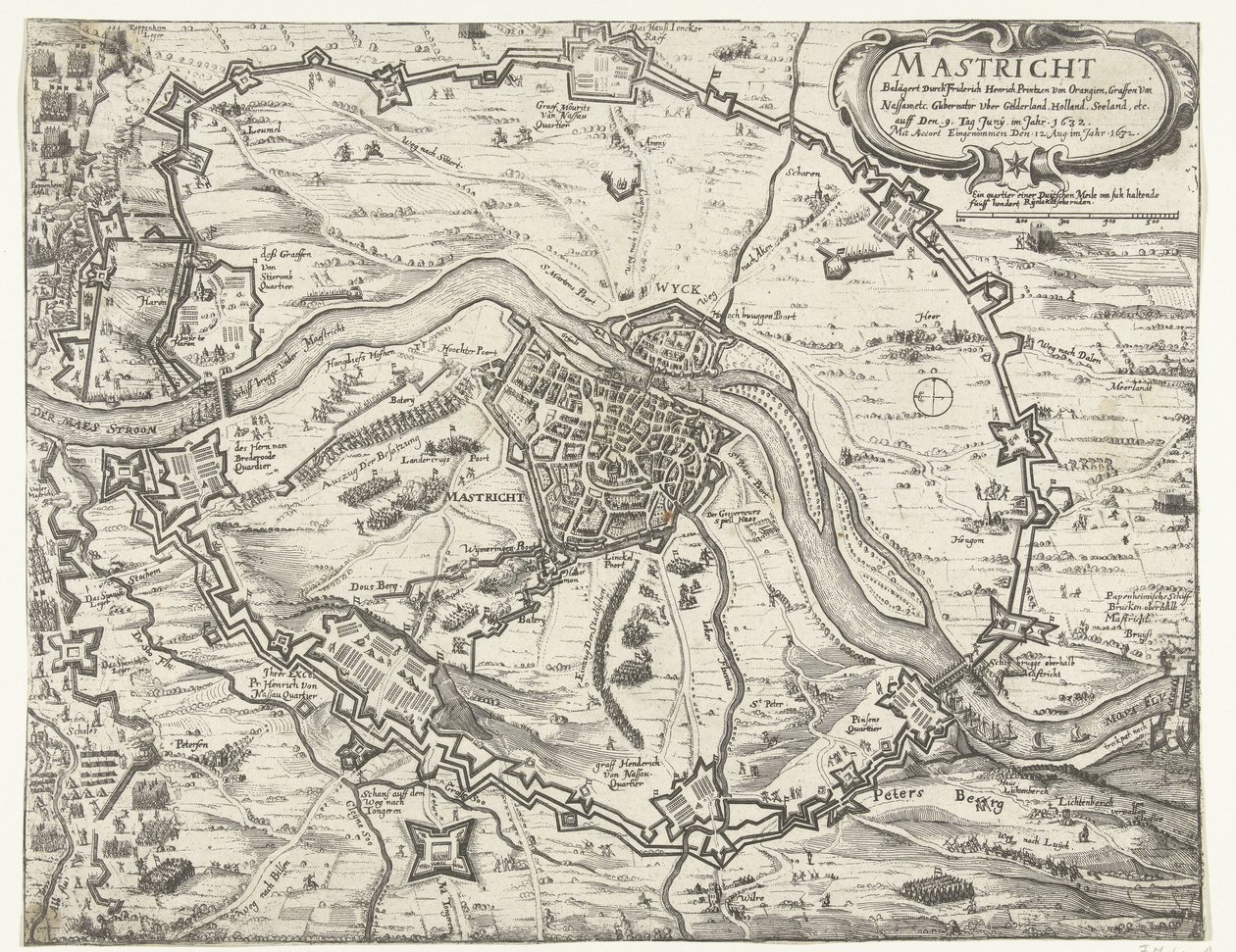 Frederik Hendrikin miehittämä Maastricht, 1632 Friderich Henrich Printzen von Orangienin (...) piirittämä Maestricht 9. päivänä kesäkuuta vuonna 1632. Otettu Accortin kanssa 12. elokuuta vuonna 1632 (otsikko esineessä) tekijältä Anonymous