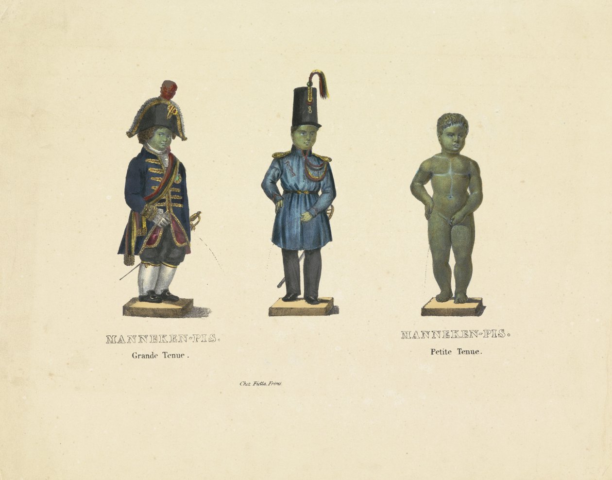 Manneken Pis eri asuissa, 1817 Manneken-Pis. Suuri asu. Manneken-Pis. Pieni asu (otsikko esineessä) tekijältä Anonymous