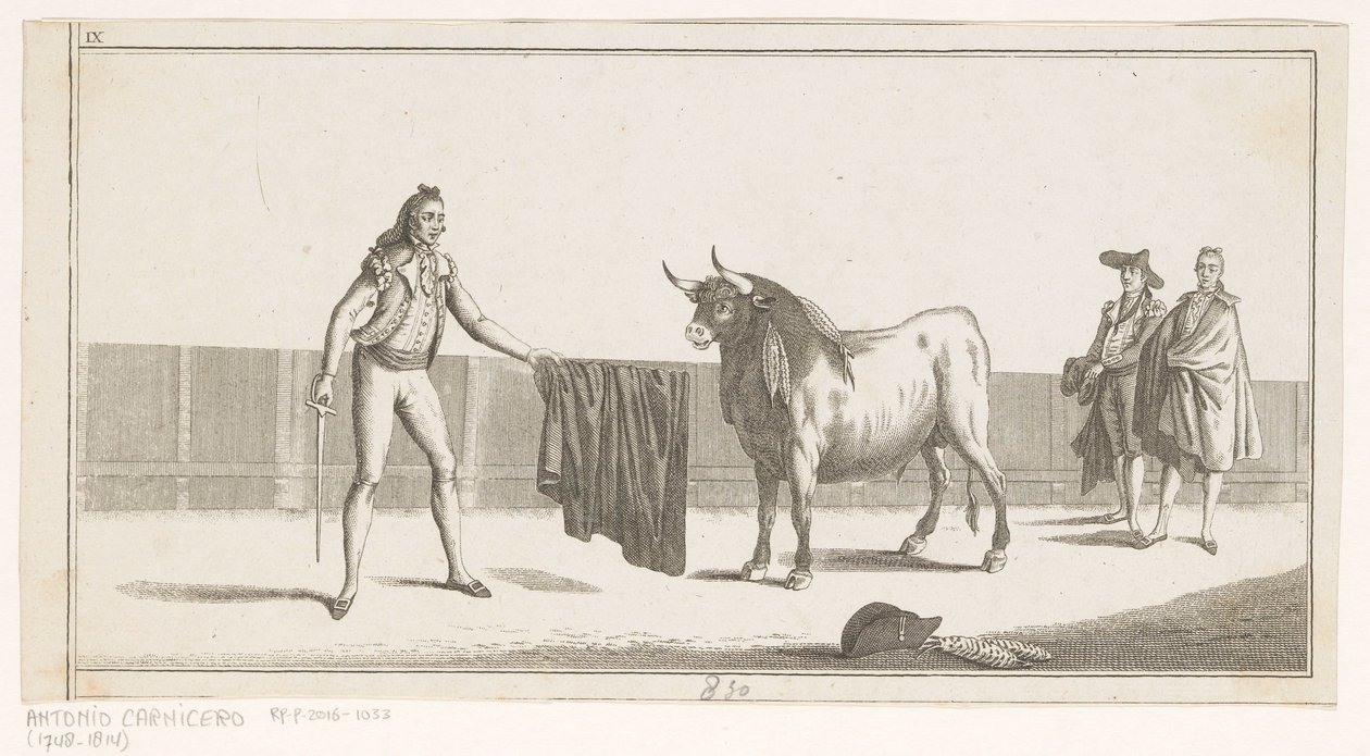 Matador haastaa härän Coleccion de las Principles suertes de una corrida de toros (sarjan nimi esineellä) Kokoelma tärkeimmistä härkätaisteluharjoituksista (sarjan nimi) tekijältä Anonymous