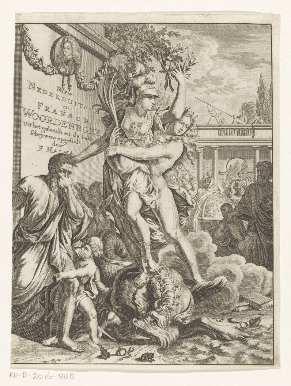 Minerva tallaa tulta hengittävän merihirviön Uusi alasaksan ja ranskan sanakirja (otsikko esineessä) Nimisivu: François Halma, Hollannin ja ranskan kielten sanakirja, 1710 tekijältä Anonymous