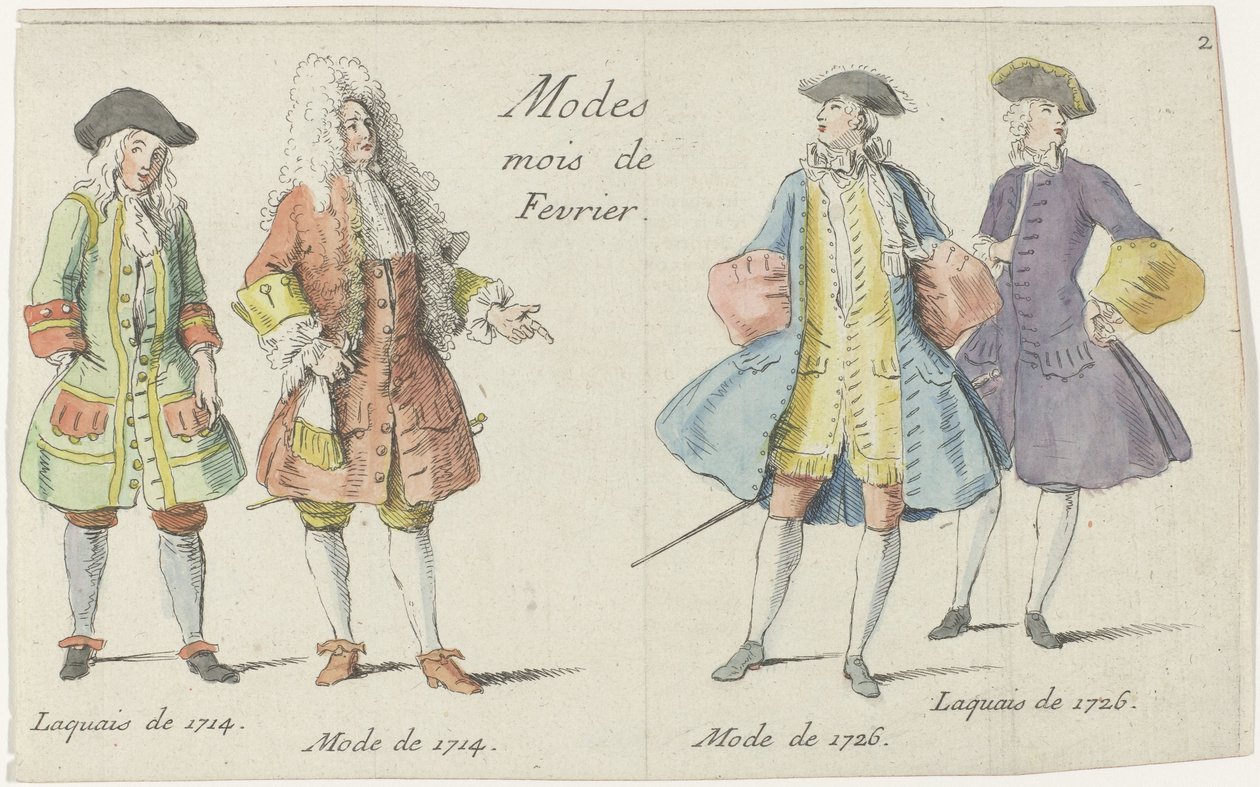 Modes Mois de Fevrier (otsikko esineessä) Neljä miestä pukeutuneena vuosien 1714 ja 1726 muotiin Mercure de France (sarjan nimi) tekijältä Anonymous
