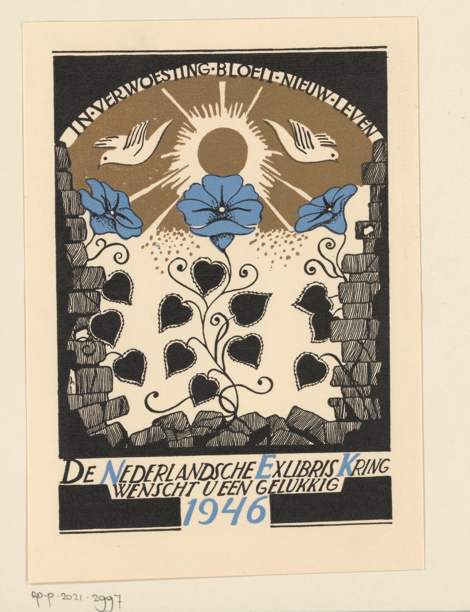 Hollannin Exlibris Circlen uudenvuodentoivotus vuodelle 1946 tekijältä Anonymous