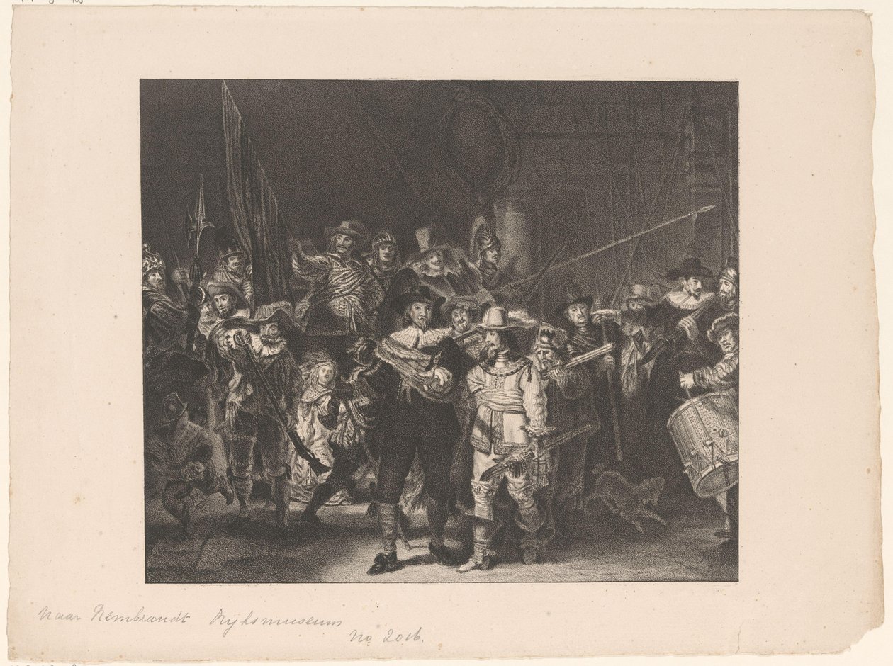 Amsterdamin piirin II upseerit ja muut asemiehet, joita johtivat kapteeni Frans Banninck Cocq ja luutnantti Willem van Ruytenburch, joka tunnetaan nimellä "yövartio". tekijältä Anonymous